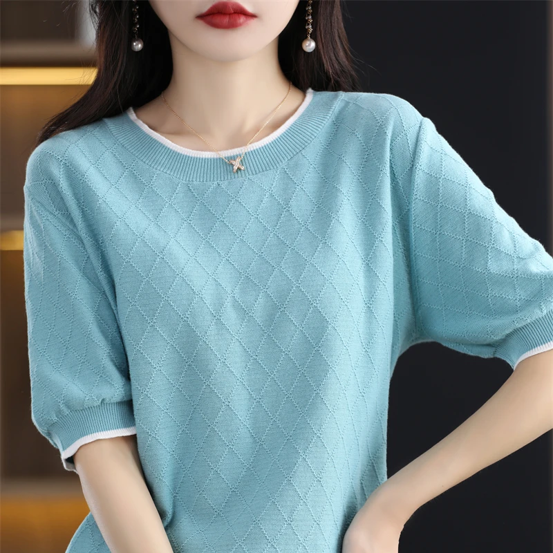 2023 summer new cotton T-shirt women\'s casual pullover knitted sweater short-sleeved round-neck T-shirt color-blocking top