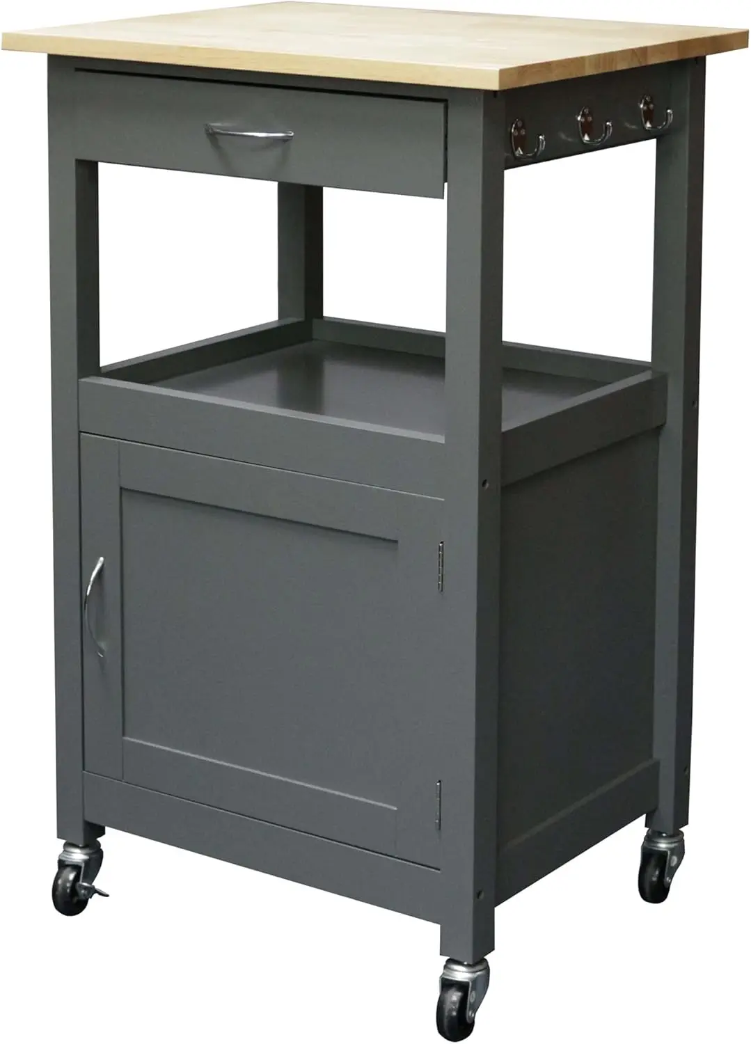 Island Cart on Wheels with Drawer, Storage Cabinet, Shelf and Natural Solid Hardwood Top, Gray Base