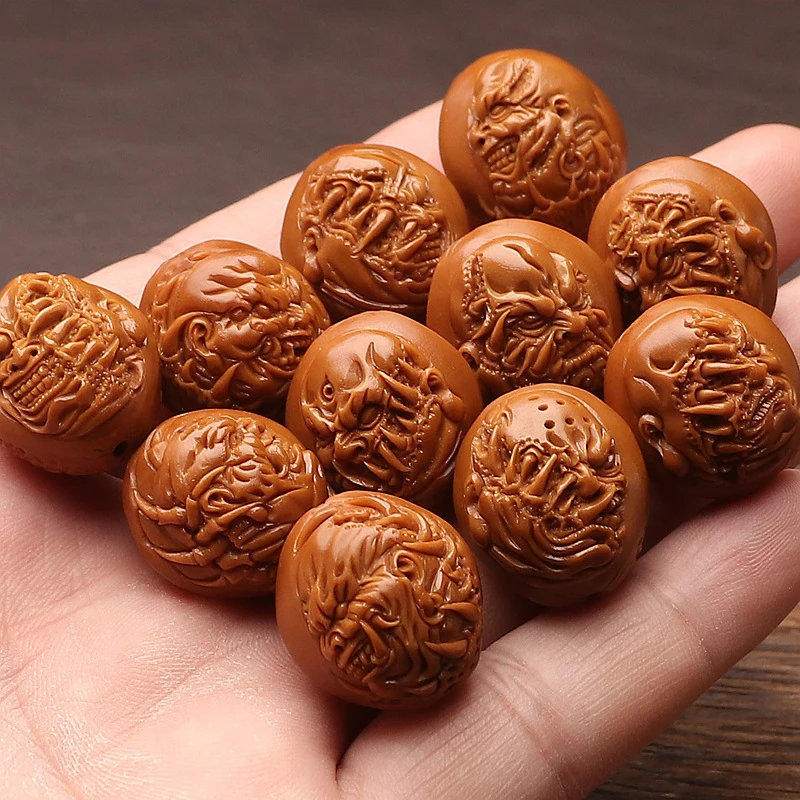 Olive pit double-sided of a evil monk, single-loop bracelet men women, with patina and mountain ghost carving