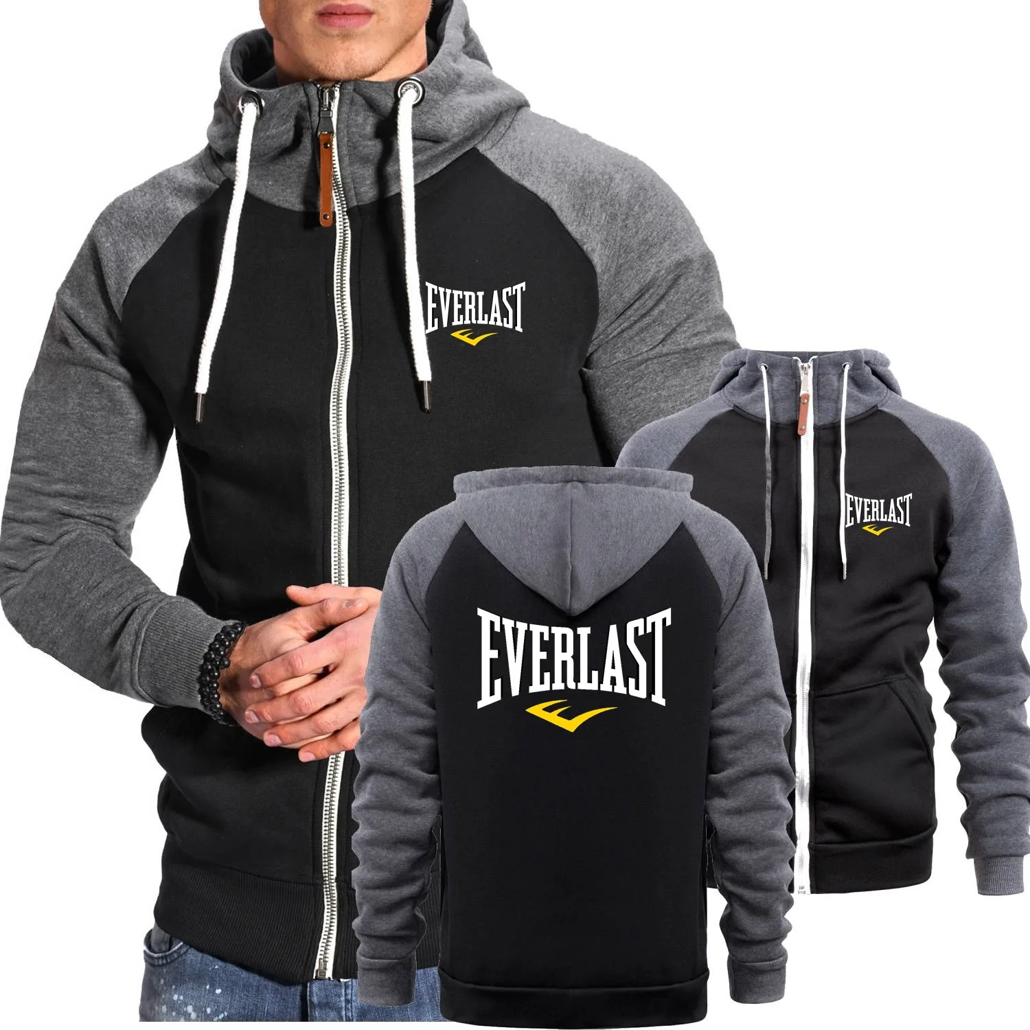 Sudaderas elegantes, chaqueta sencilla y cómoda para hombre, Tops con contraste de manga raglán, Abrigo con capucha, cuello alto, ropa deportiva duradera