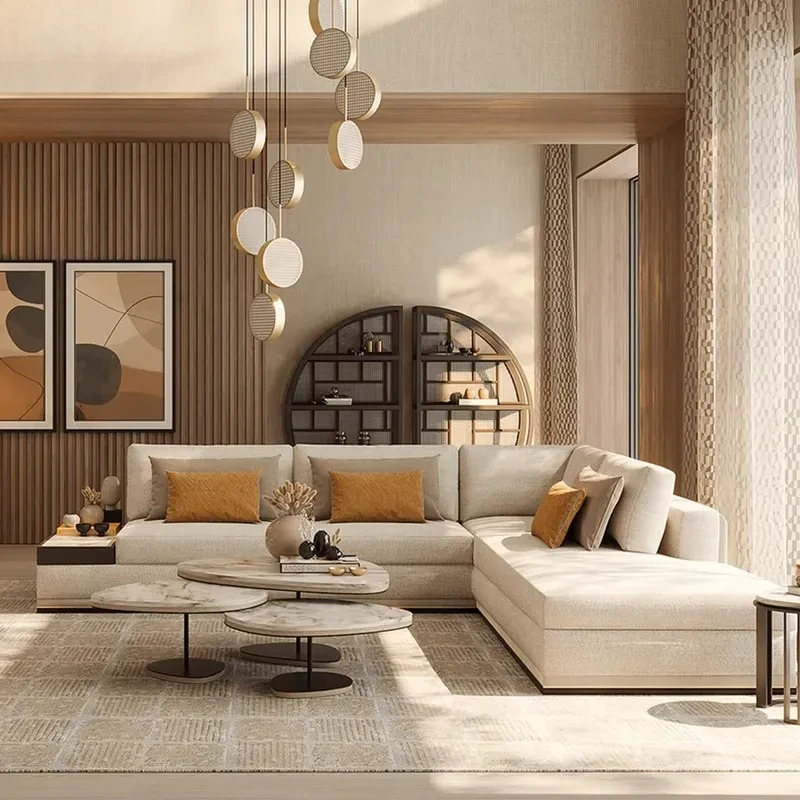 High-end Modular Sofa L-Shape Living Room Furniture Modern Sectional Sofa with Integrated Marble Table