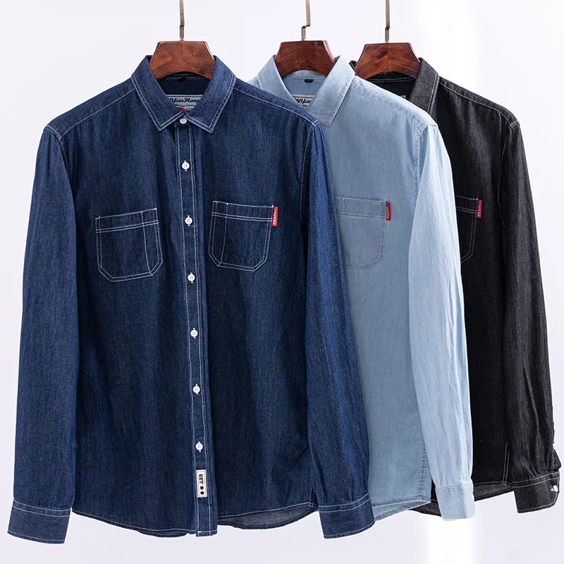 Spring Autumn Denim Pocket Men's Shirts Classic 100% Cotton Long Sleeve Jacket Casual Streetwear Comfortable Clothes Social Coat
