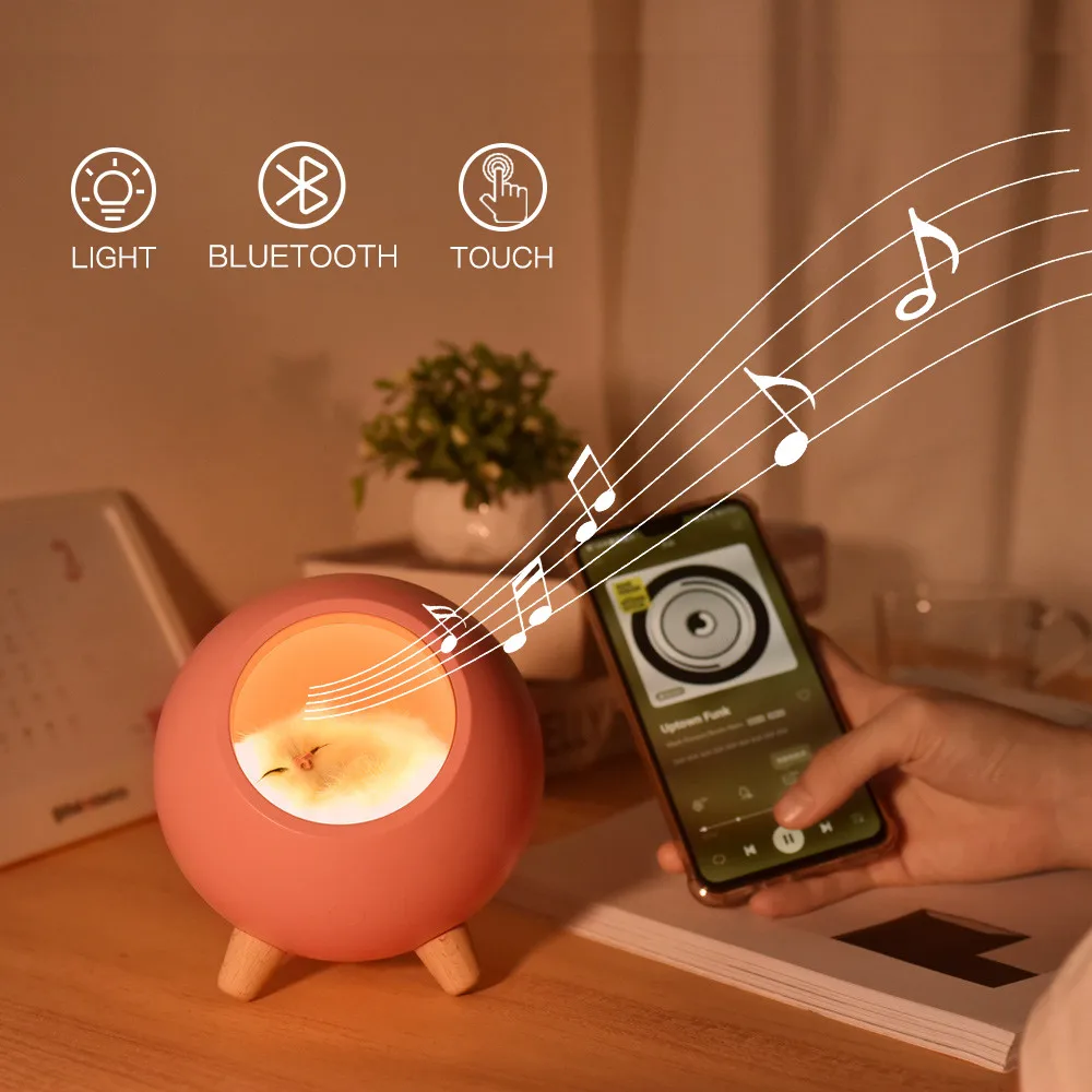 Luz Nocturna LED creativa con Altavoz Bluetooth, lámpara de alimentación de cabecera con sensor táctil recargable, música, lindo gato