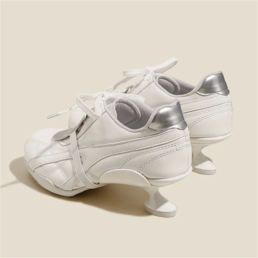 2025 New Women High Heels White Ballet Shoes Runway Women Lace-up Sports Shoes Casual Dress Pumps Strange Heel Sneakers