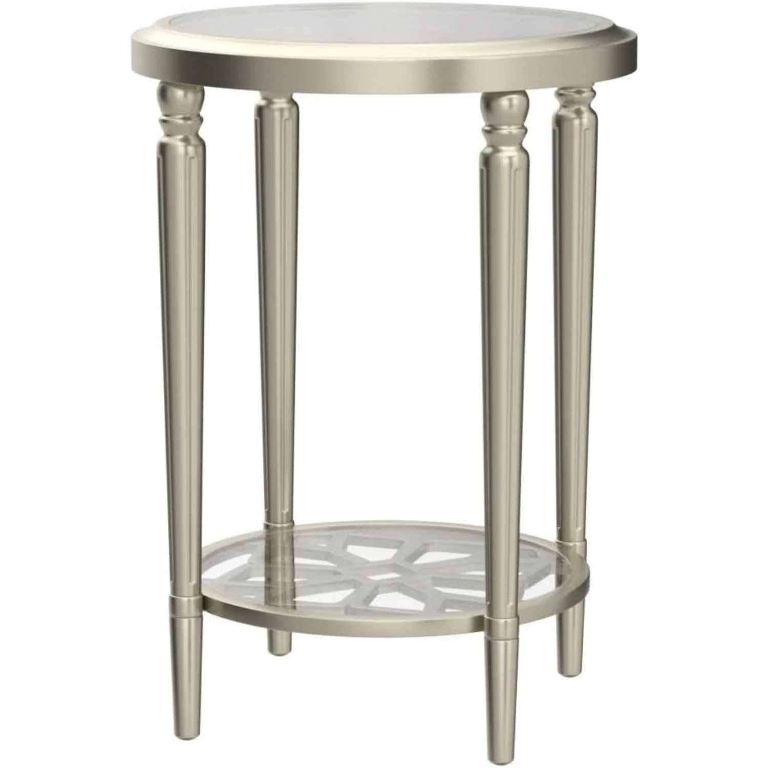 Modern Round End Table, 2-Tier Champagne Side Table with Tempered Glass Tabletop, Wood Accent Table with Storage Shelf, Bedroom