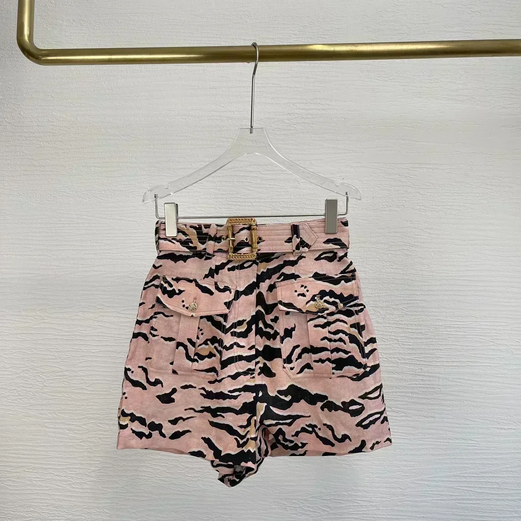 

Leopard Print Buttons Three Quarter Sleeve Pockets Patchwork Blouse Shirt Tops and Shorts with Belt Women Set