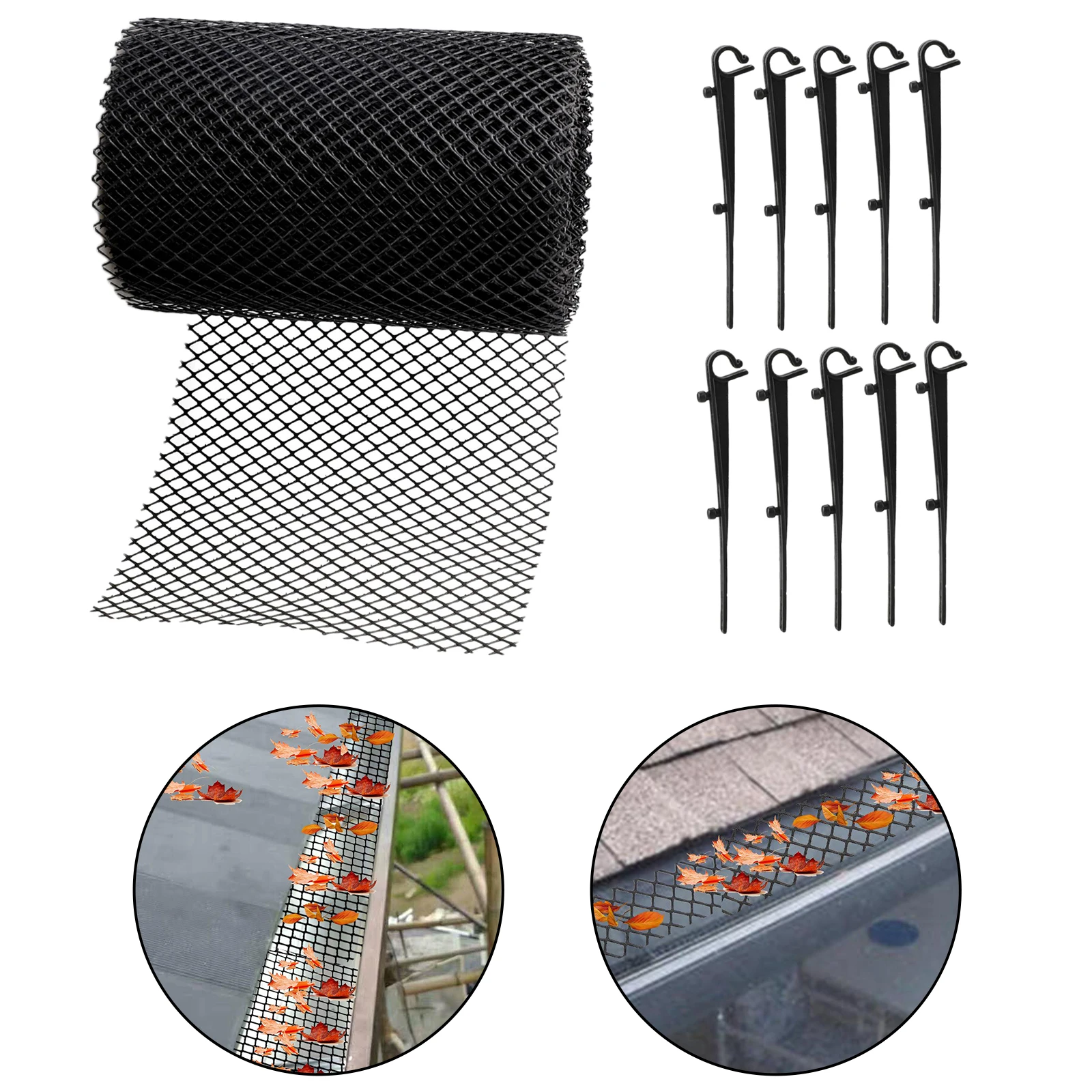 

Gutter Guard Mesh Roll with 10 Hooks Polypropylene Leaf Filter Protection Cover for Roofing Gutters and Downspouts