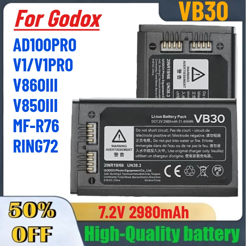 VB30 7.2V 2980mAh Digital Batteries for Godox AD100PRO V1/V1PRO V860III V850III MF-R76 RING72 Lithium flash Fast Shipping