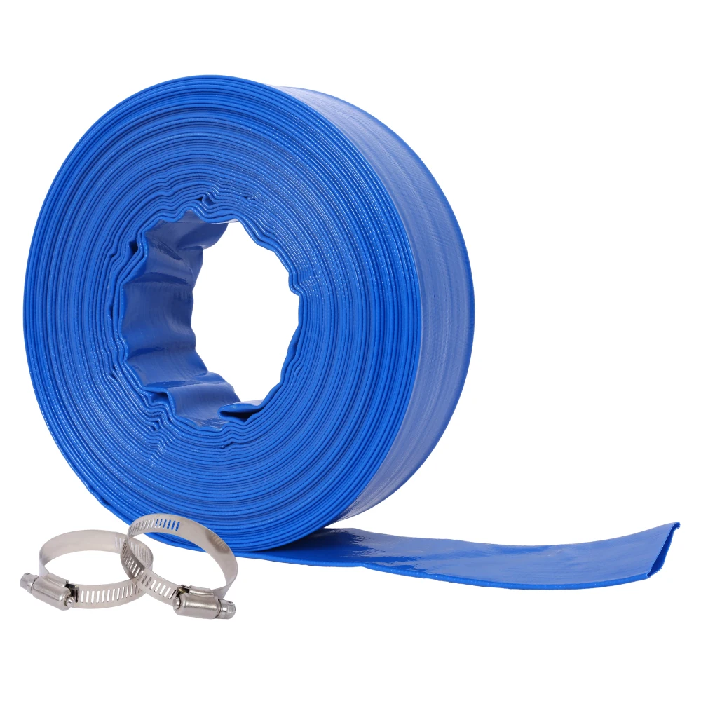 

2"x100FT Pool Backwash Hose, Blue Heavy Duty Reinforced PVC Lay Flat Water Hose for Swimming Pool Filter Pump, with 2 Clamp