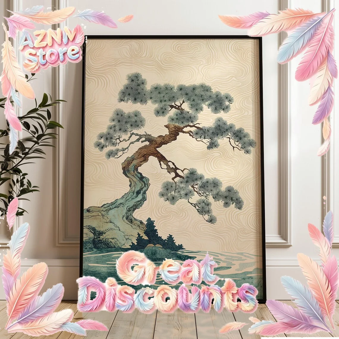 Japanese Garden Path Canvas Poster Green Beige Wall Art Forest Landscape Illustration Print Serene Asian Nature Home Decor 2026