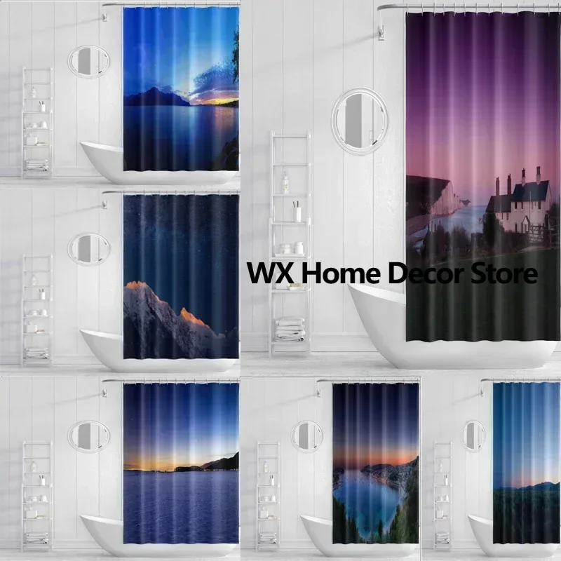 

Ocean Sunset Print Waterproof and Mildew Resistant Bathroom Partition Curtain with Separative Design - No Drill Required