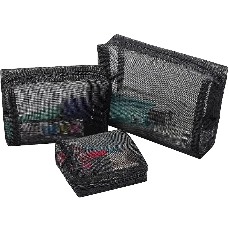 3pcs Mesh Transparent Cosmetic Bags Small Large Clear Black Makeup Bag Portable Travel Toiletry Organizer Lipstick Storage Pouch