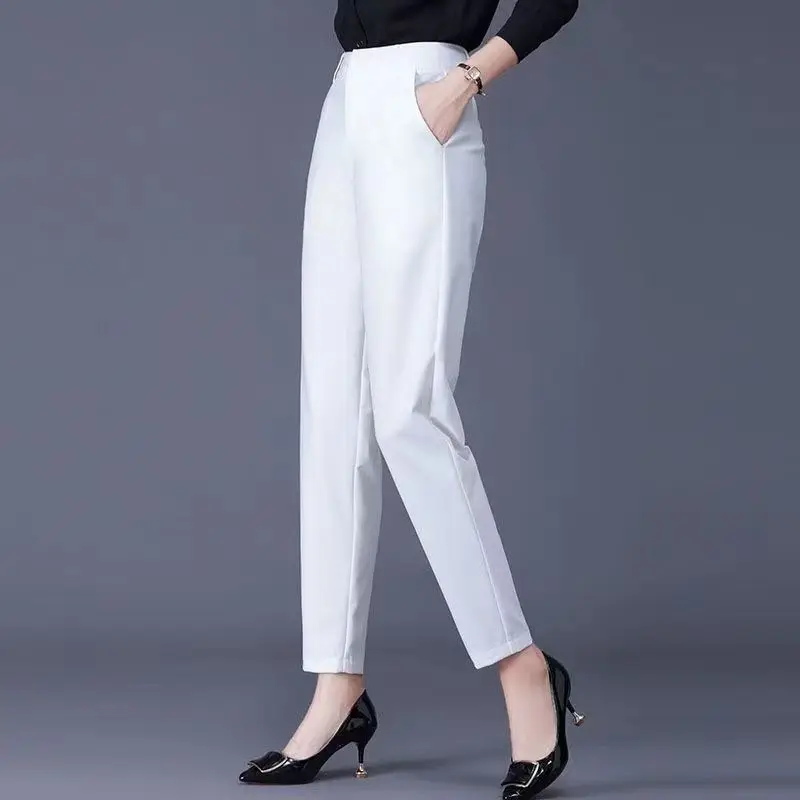 

Spring and Autumn Women's Solid Color Pockets Straight Barrel High Waist Long Loose Fit Elastic Fashion Elegant Casual Pants