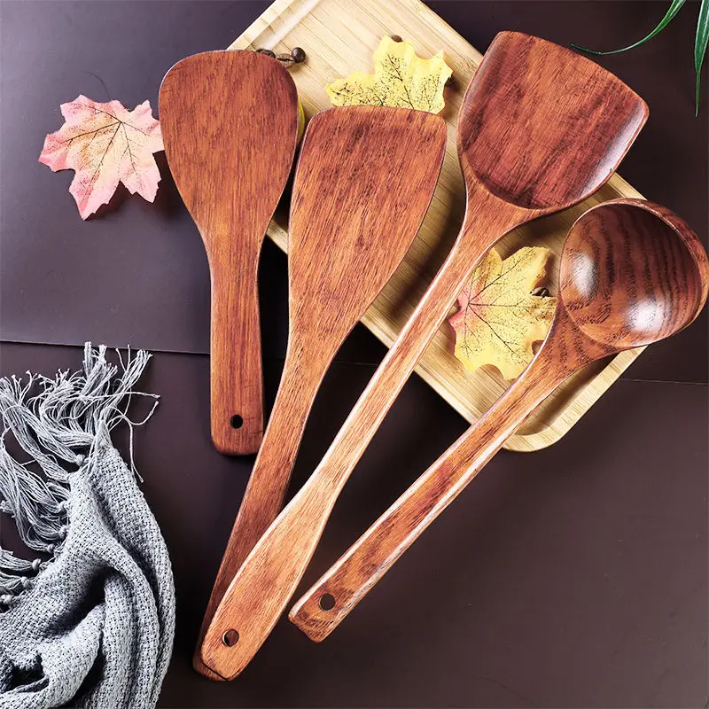 Wooden kitchen utensils set non-stick cooking spatula spoon long handle