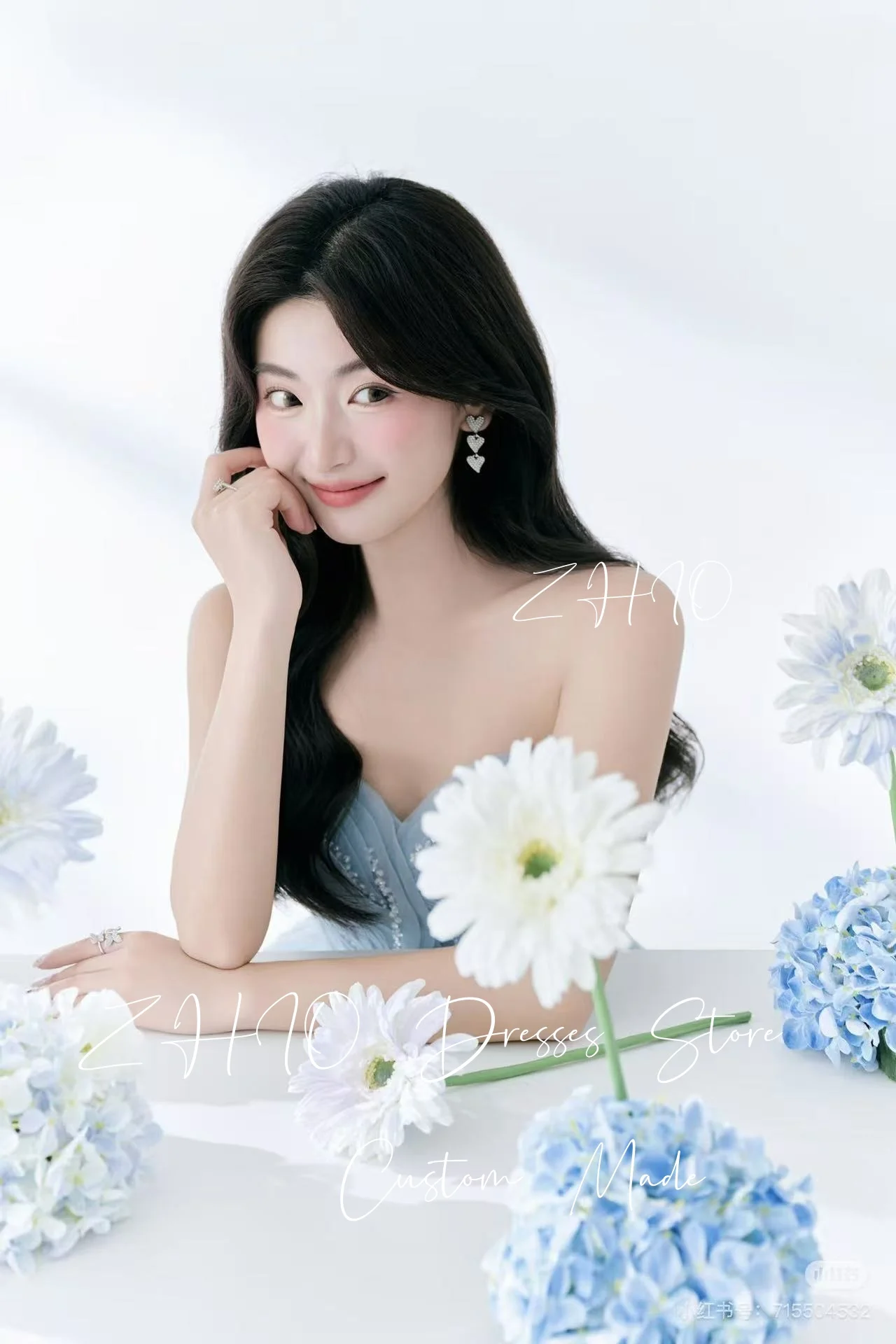 ZHIO Sweet Blue Wedding Dress Beading Strapless A-Line Tiered A-Line Tulle Korea Photo Shoot Bridal Gown Customized Elegant