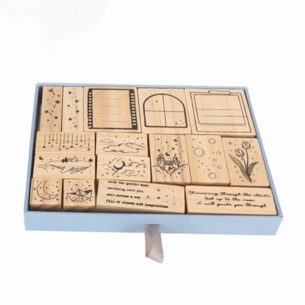 16pcs Clear Imprint Wooden Rubber Stamp Set Moon Cloud Scenery Delicate Carving Decorative Wood Stamp Rectangle Stamp Set