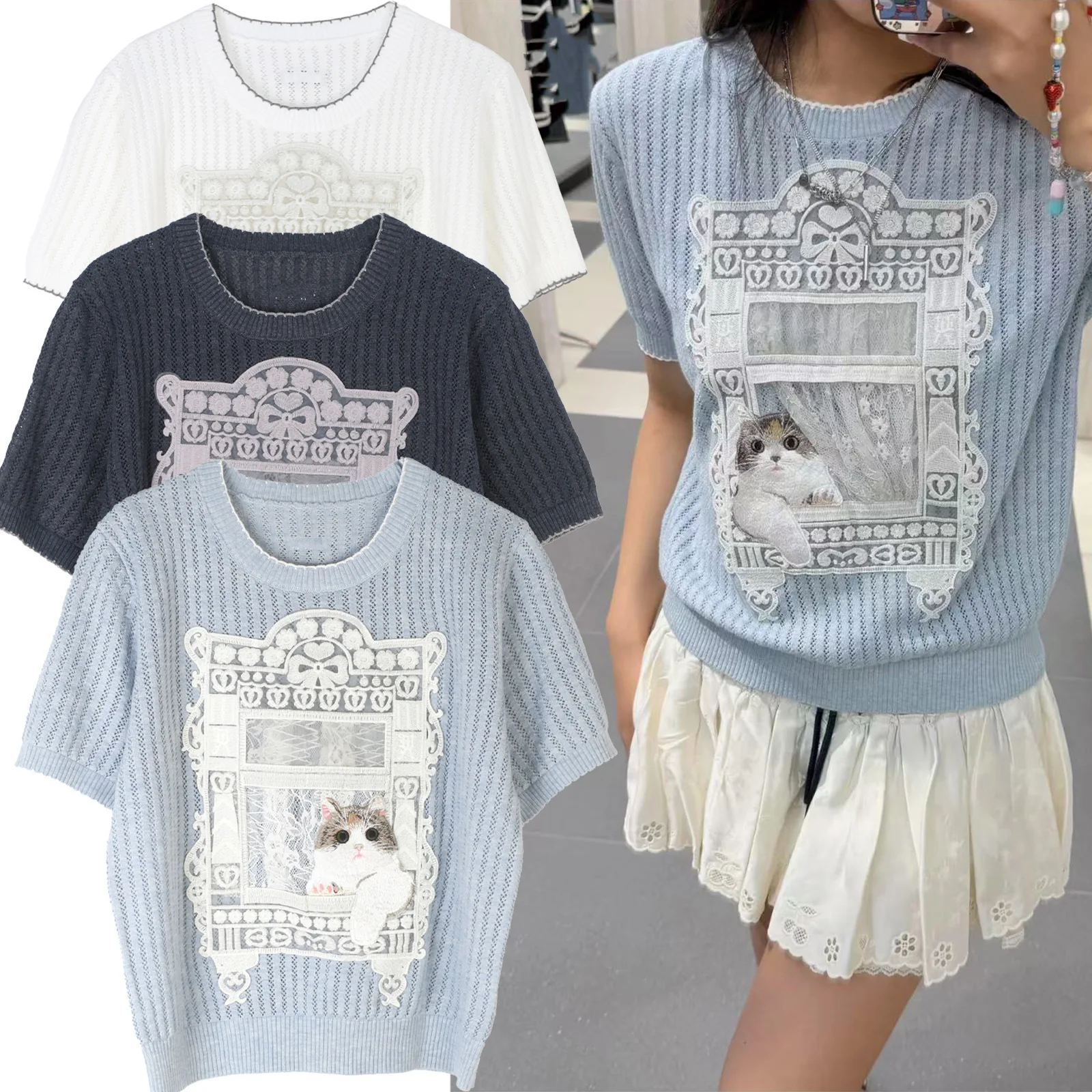 

Korean Style Loose Simple Embroidery T-Shirt Knitted round Neck Short Sleeve Commute Personality Women's Fashion Top