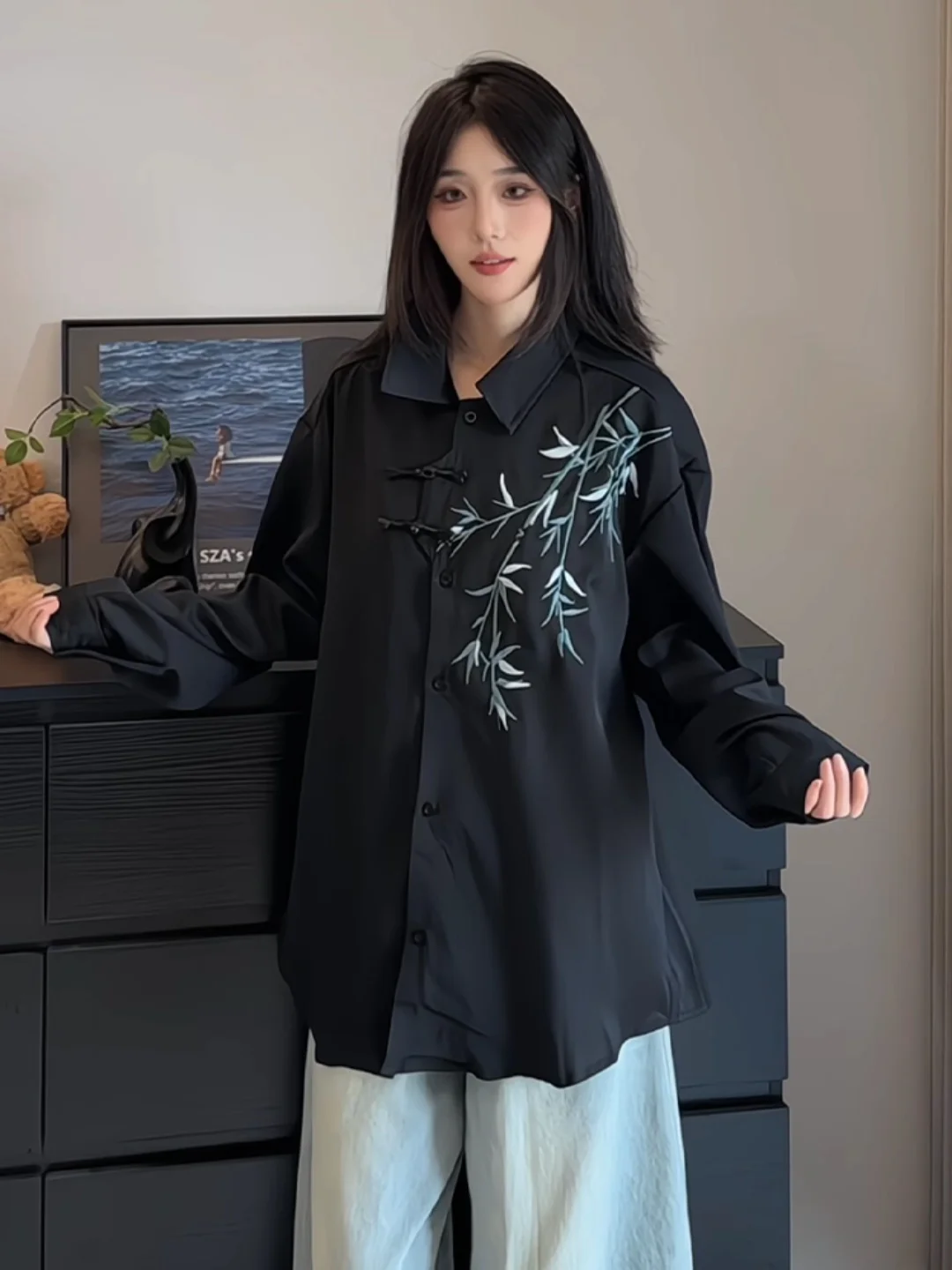 

New Autumnal Chinese National Style Long Sleeve Embroidered Bamboo Men's Women's Shirt Cleanfit Design Casual Wear Standard Fit