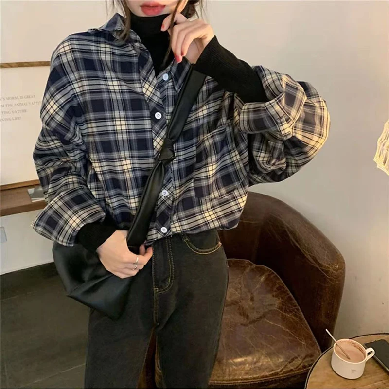 Zoki Women Vintage Plaid Shirt Bf Oversized Korean Loose All Match Long Sleeve Shirts Harajuku Spring Summer Casual Tops 3Xl