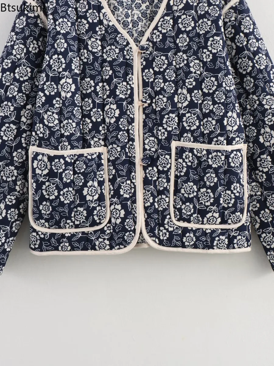 Women's Double-sided Floral Print Vintage Parkas V-neck Single-breasted Patch Pocket Loose Jacket Coat Autumn Winter Chic Coat