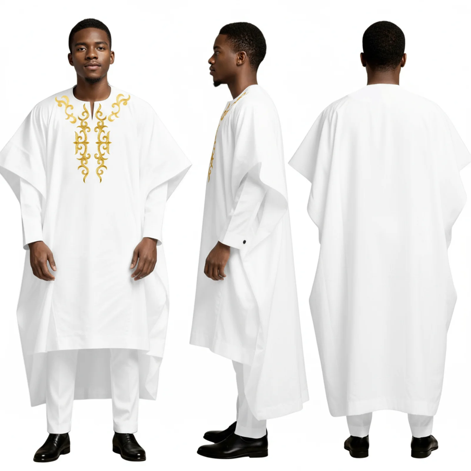

DBQ Men's African Agbada Suit 3 Pieces Appliques Agbada +Full Sleeve Shirt +Slim Fit Pants Formal Style BD1127
