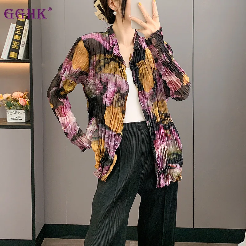 

GGHK Hand-pleated Women Coat 2025 Autumn New Geometric Pattern Print Design Single-breasted Female Long-sleeved Shirt