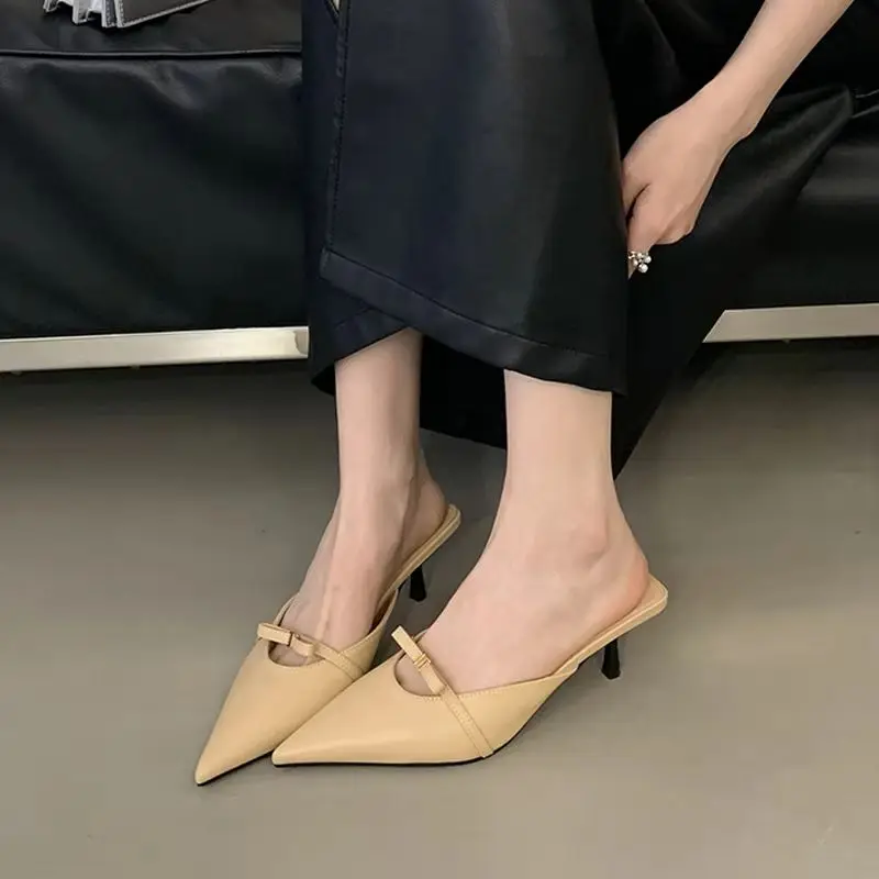 

Street Style Butterfly-knot Slippers Woman Fashion Pointed Toe Low Thin Heels Pumps Slip On Party Casual Ladies Mules Shoes