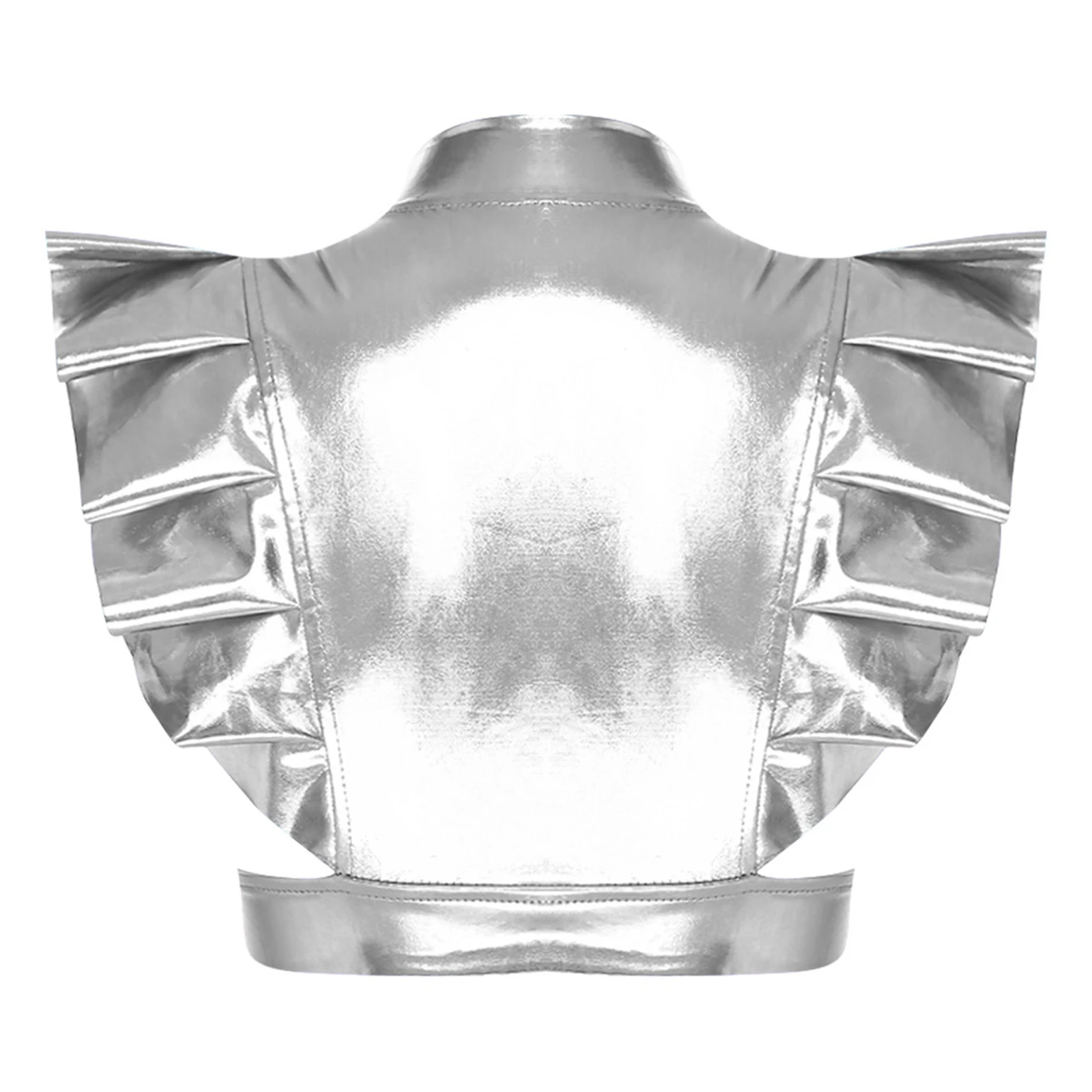 เสื้อครอปท็อปผู้หญิงสีเมทัลลิกเหลือบรุ้ง สำหรับงานปาร์ตี้ แต่งกายแนวเรฟ  พร้อมแผ่นป้องกันไหล่ แต่งระบาย  ด้านหน้าเว้า  สายรัดปรับได้ด้านล่าง