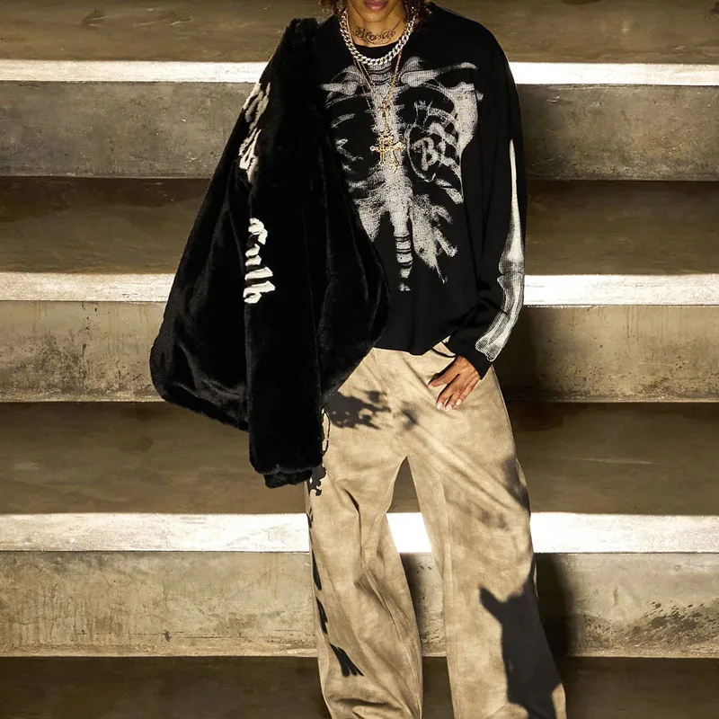 Autumn Harajuku Instagram Street Fashion American Retro Hoodie Skeleton Printed Round Neck Long Sleeve Y2k Unisex