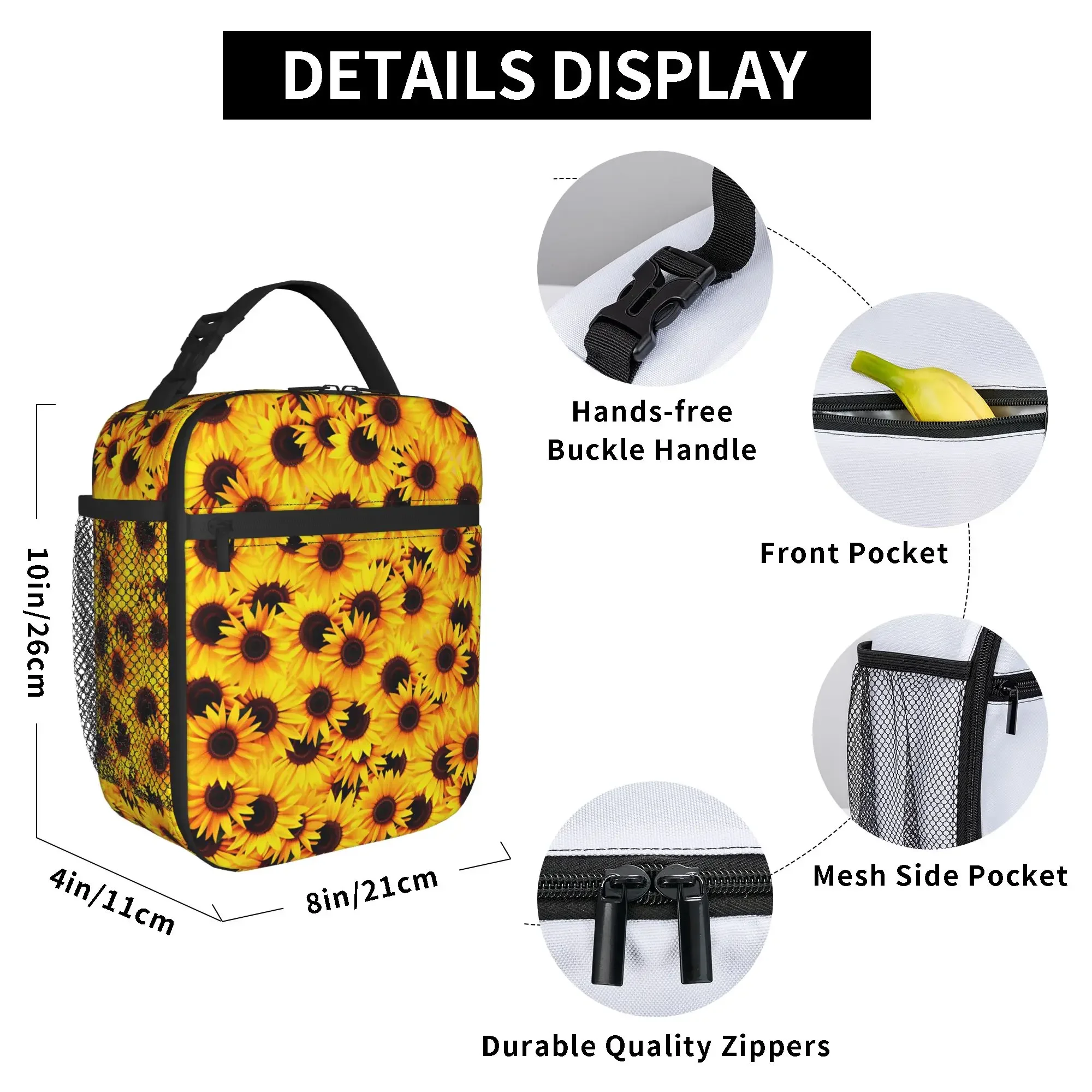Sunflower Bloom Cluster Lunch Bag For Child  Print Picnic Lunch Box Vintage Convenient Oxford Cooler Bag
