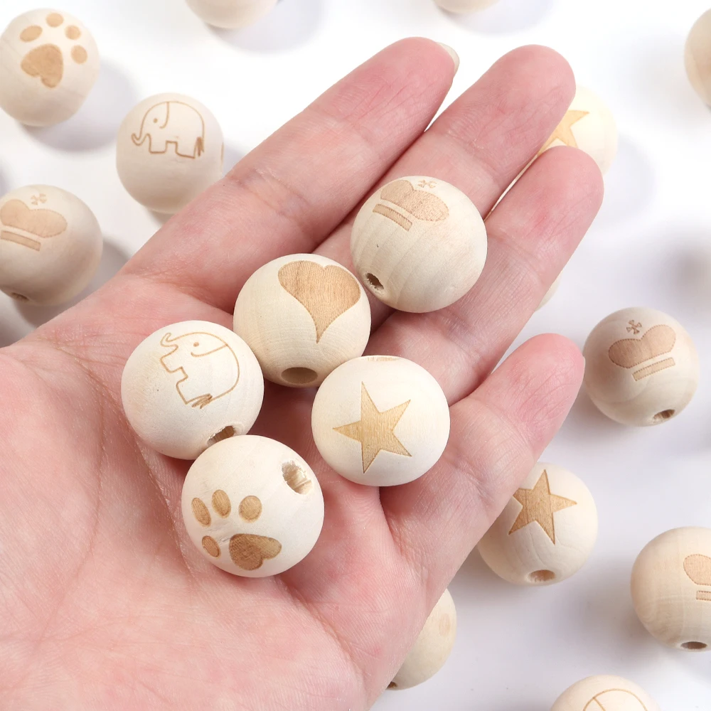 20pcs/Lot 19x20mm Round Natural Wooden Beads for Jewelry Making Heart Star Baby Teether Child Teething Wooden Beading Spacer