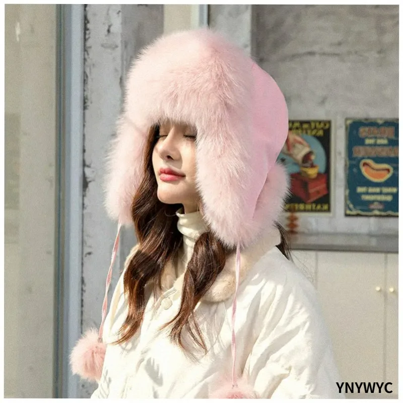 Hot Sale Women Natural Fox Fur Russian Ushanka Hats Winter Thick Warm Ears Fashion Bomber Hat Lady Genuine Real Fox Fur Cap