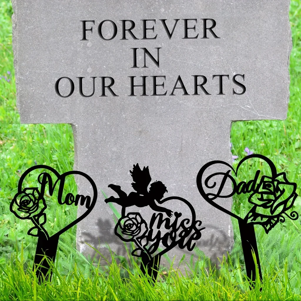 1pc Memorial Yard Markers Heart Memorial Plaque Stake Sympathy Grave Plaque Stake Cemetery Garden Stake Memorial Metal Grave