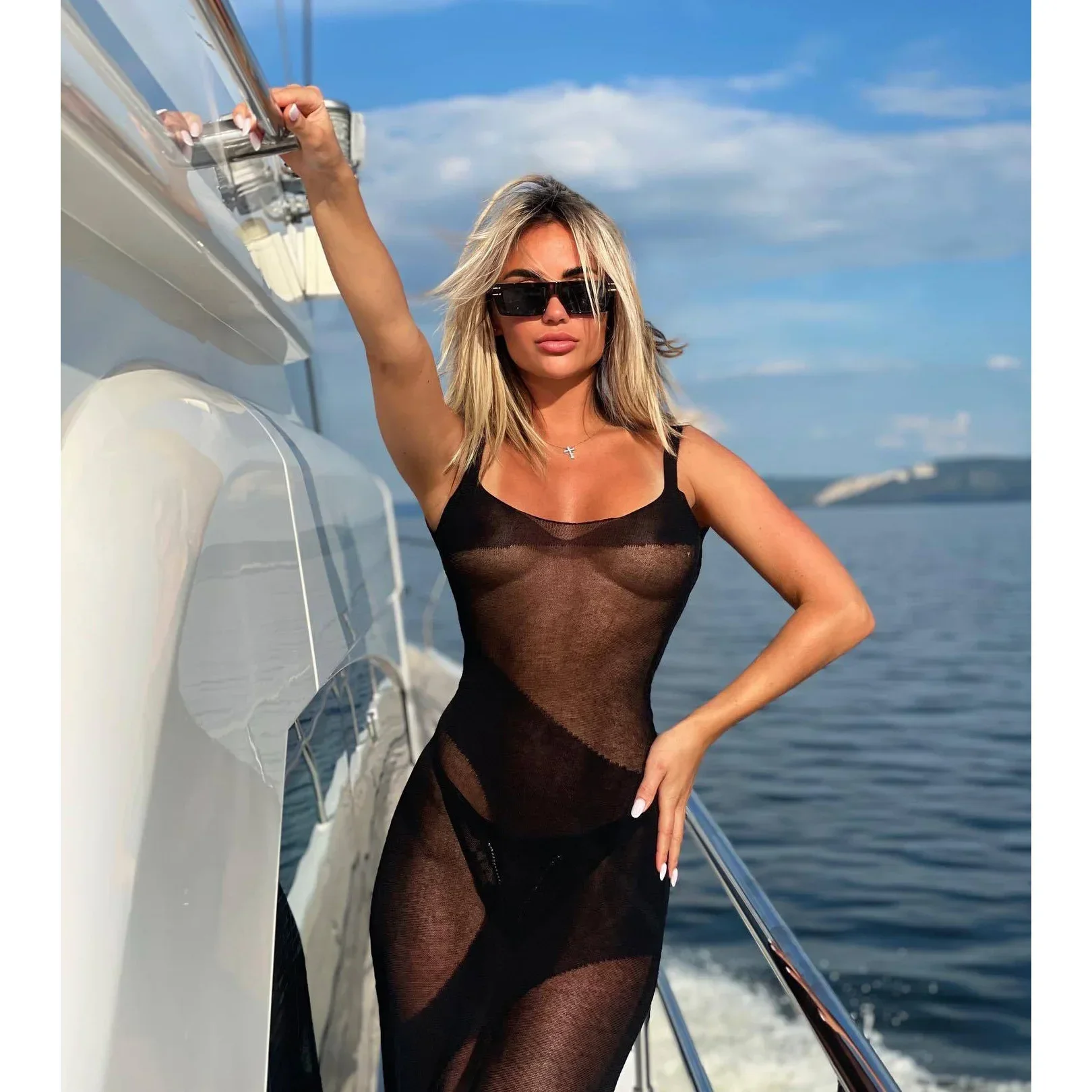 2024 Gestricktes Sommerkleid, Strand-Bikini-Vertuschungen, sexy, durchsichtig, figurbetont, Maxi, rückenfrei, ärmellos, Vertuschung für Damen