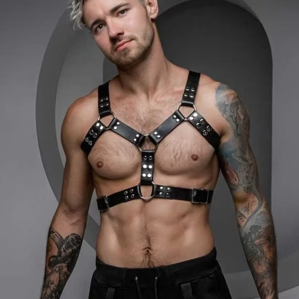 

Gay Rave Harness Leather Fetish Men Harness Belts Adjustable BDSM Body Bondage Chest Suspenders Straps Punk Clothes For Sex