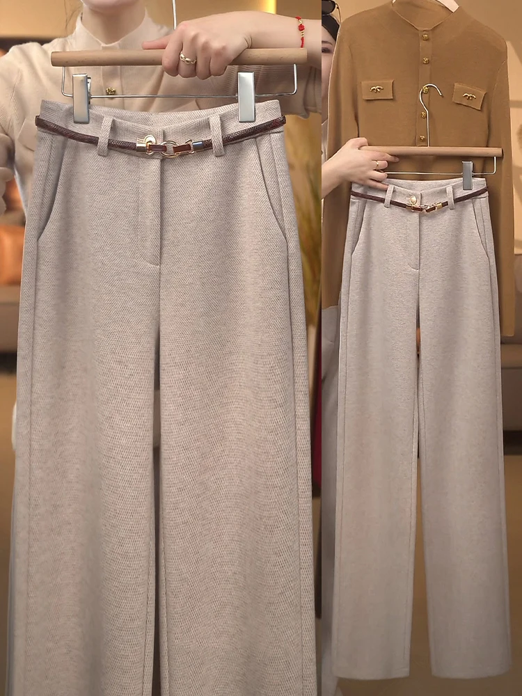 

Женские шерстяные брюки с высокой талией, прямого кроя, осенне-зимние, новый стиль, повседневные, утепленные флисом, узкая версия, широкие шерстяные брюки