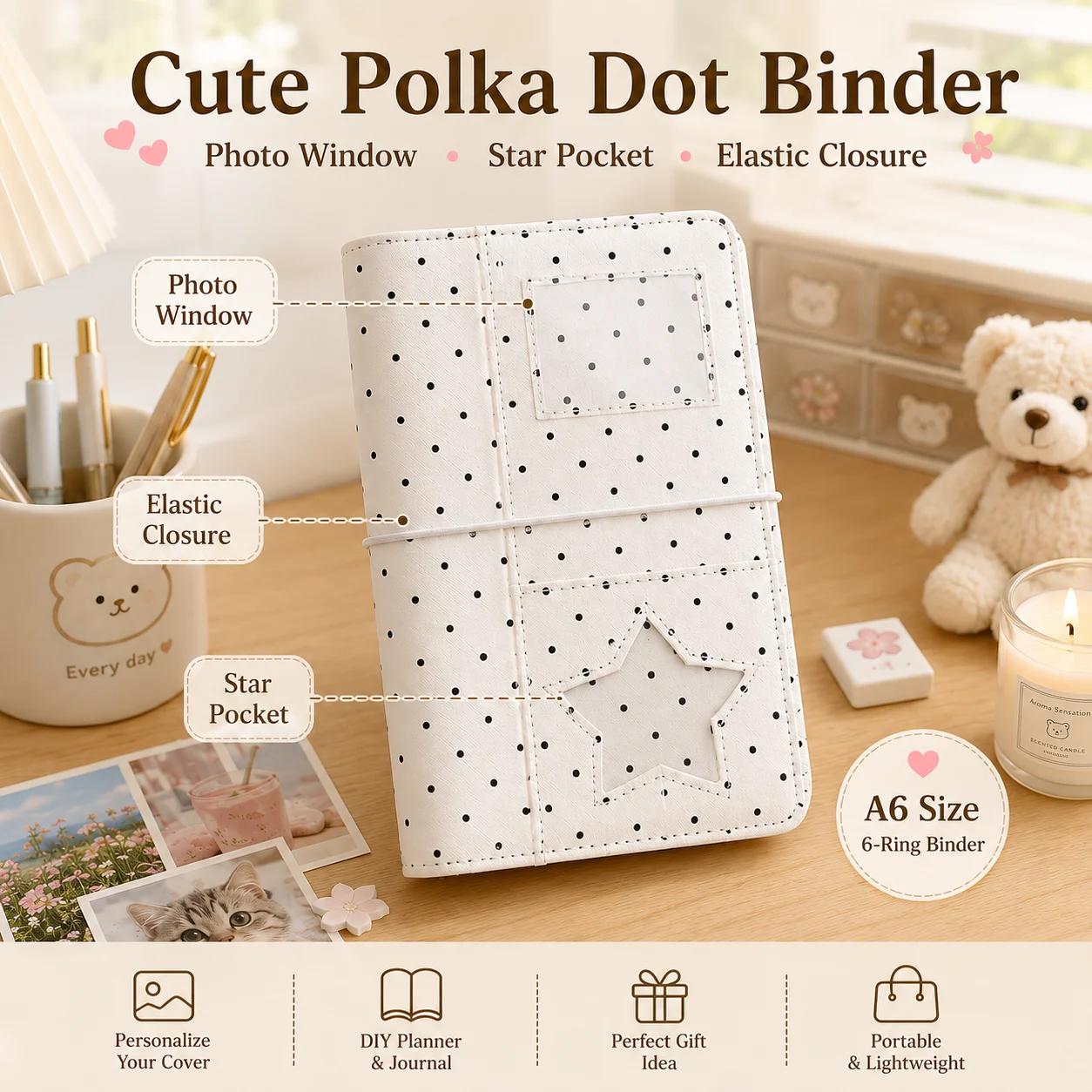 A6 Portable Journal Book 6 Ring Binder Notebook Polka Dot Cloth Loose Leaf Planner Scrapbook Journal Photo Album School Gift - view 3