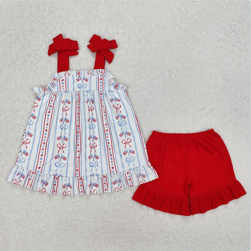

New Short Sleeve Outfits 4th Of July Flags Bows Stars Tunic Toddler Kid Clothing Sets Kids DesignersToddler Kid Clothes Sets