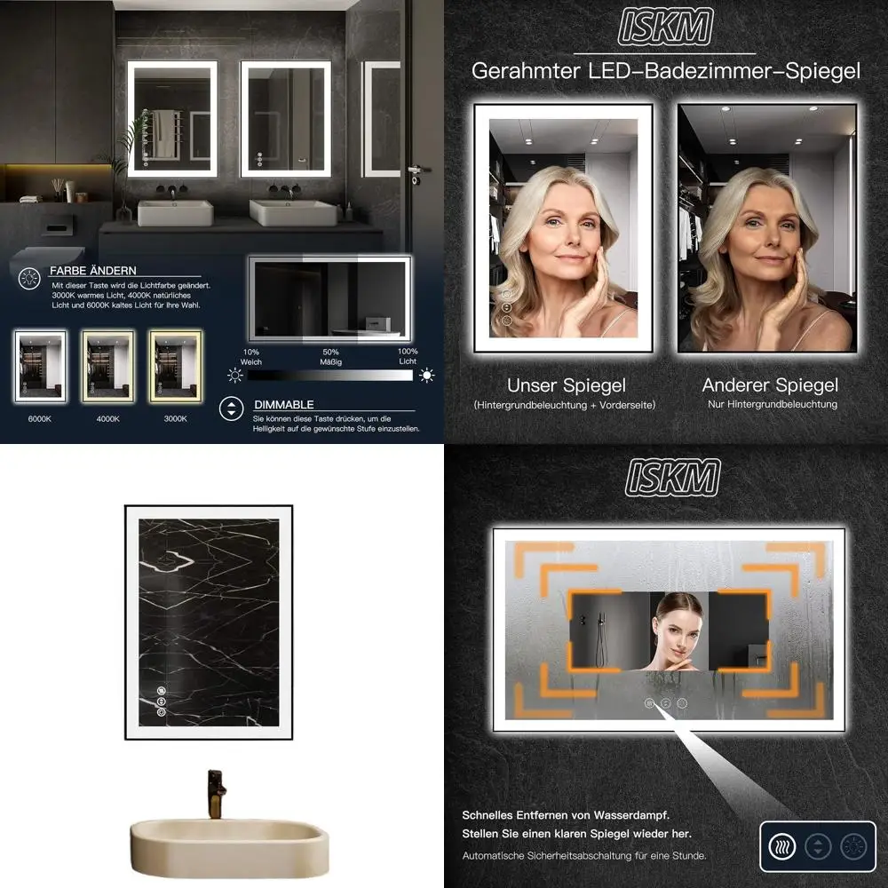 مرآة حمام مضيئة بإضاءة LED مقاس 20 × 28 مع أضواء مضادة للضباب و3 ألوان ومقاومة للكسر ووظيفة الذاكرة #1