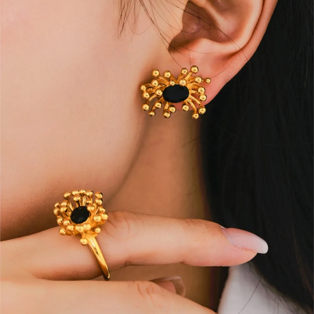 Stamen Shape Ring Matching Earring In Stainless Steel 18k Gold Plated With Big Oval Zircon Flower Rings Stud Earrings For Women