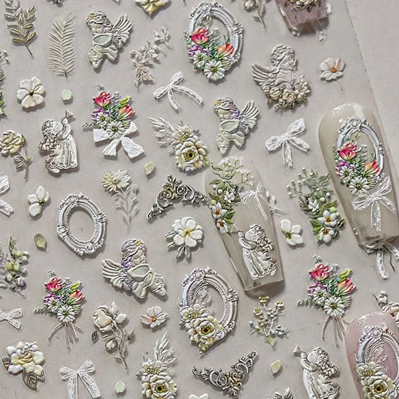 สีขาวสีดําทองปีก Feather Angel ผีเสื้อ Bowknot ดอกไม้กรอบ Moon Star Pearl Rhinestones สติ๊กเกอร์เล็บสติ๊กเกอร์เล็บ