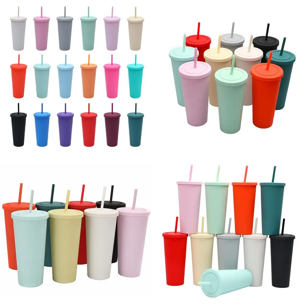 

24oz Double Layer Plastic Straw Cup Simple Large Capacity Water Bottle Matte High Aesthetic Portable Cup Luxury Style