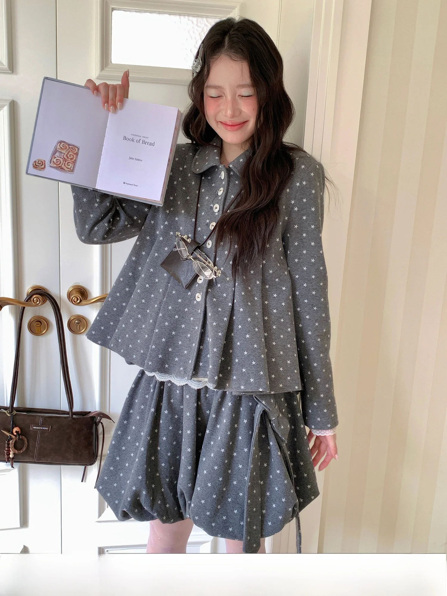 Retro Polka Dot Shirt Style Pleated Coat Atmosphere Bud Half Skirt Set Women's Fashion Autumn Collection Cotton Polyester Blend