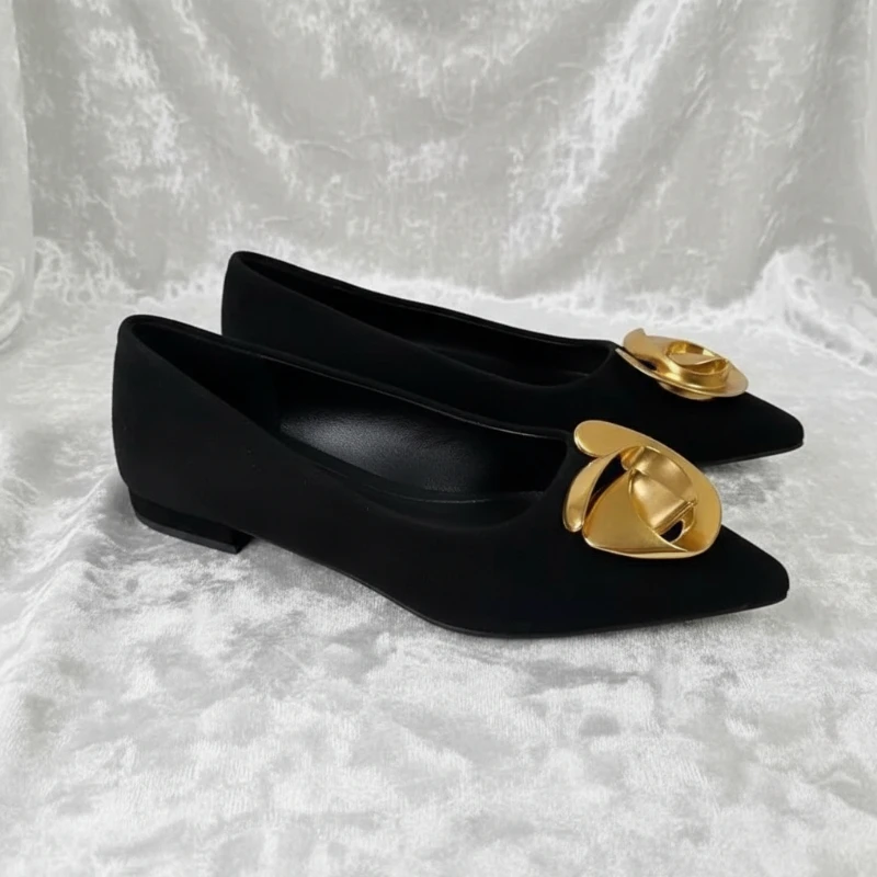 Slip-on Black Lady Office Shoes 2025 Summer Gold Metal Buckle Pointed Toe Shallow High Quality Comfortable Walking Women Flats