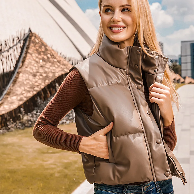 New Women's Cotton Vest with Stand Up Collar Thickened Warm Leather Jacket and a Trendy Shoulder Design