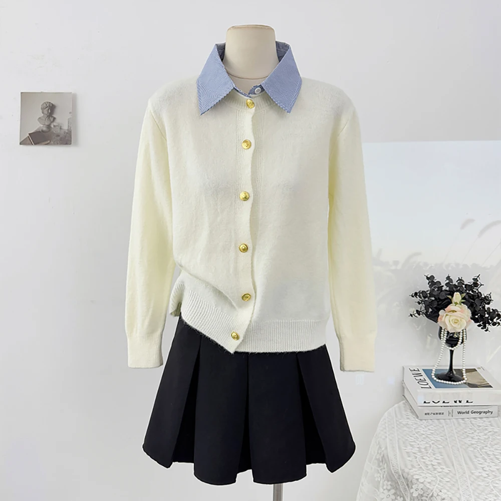 Gefälschte Zwei Stücke Gespleißt Pullover Strickjacken Koreanische Drehen Unten Kragen Gold Tasten Einreiher Stricken Outer Casual Pullover