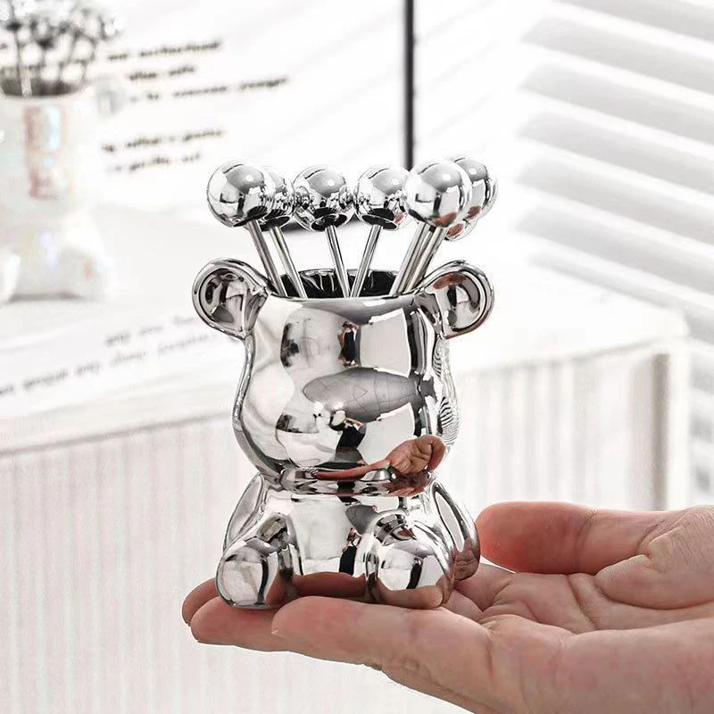 【F】6pcs Stainless Steel Dessert Forks With Storage Jar Cute Bear Utensils For Party Tasting Dessert Fruit Pickle Fruit Salad