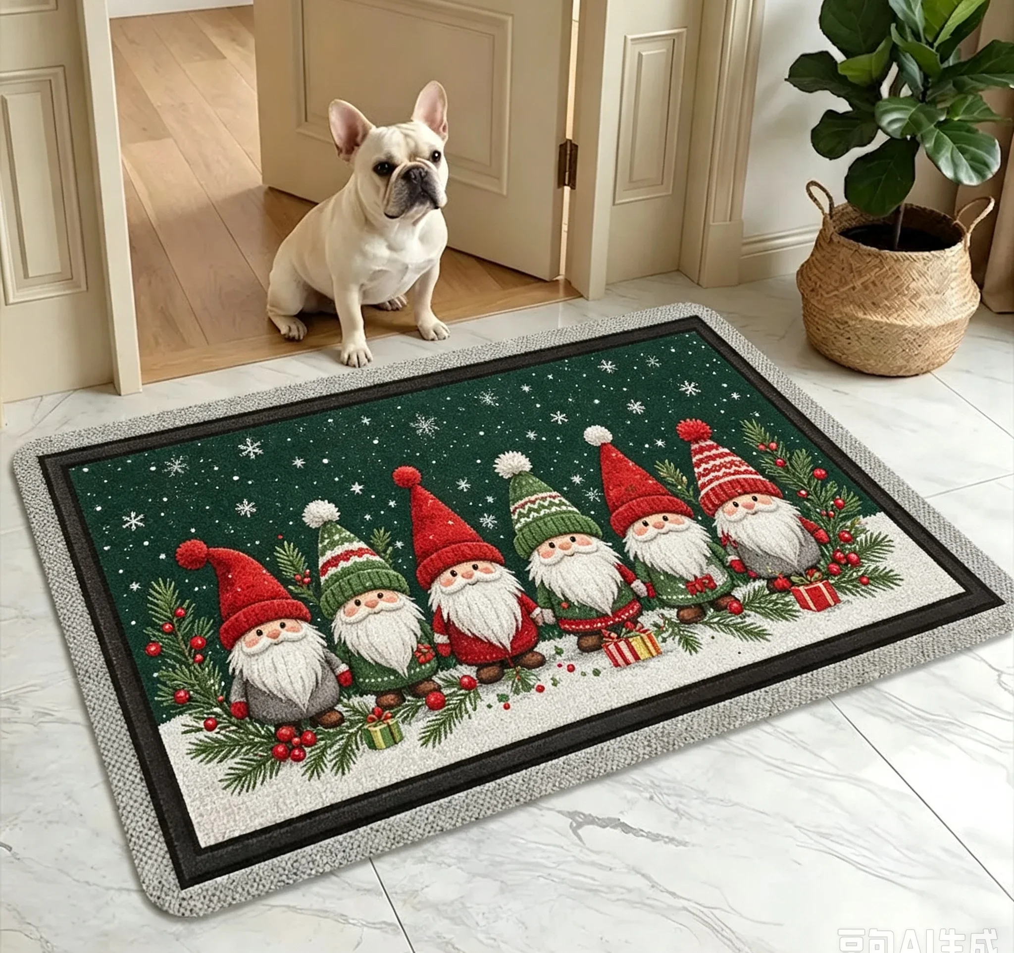 Green Background Snowflake Gift Gnome Rug For Nordic Christmas Decor Minimalist Pattern Doormat Accent