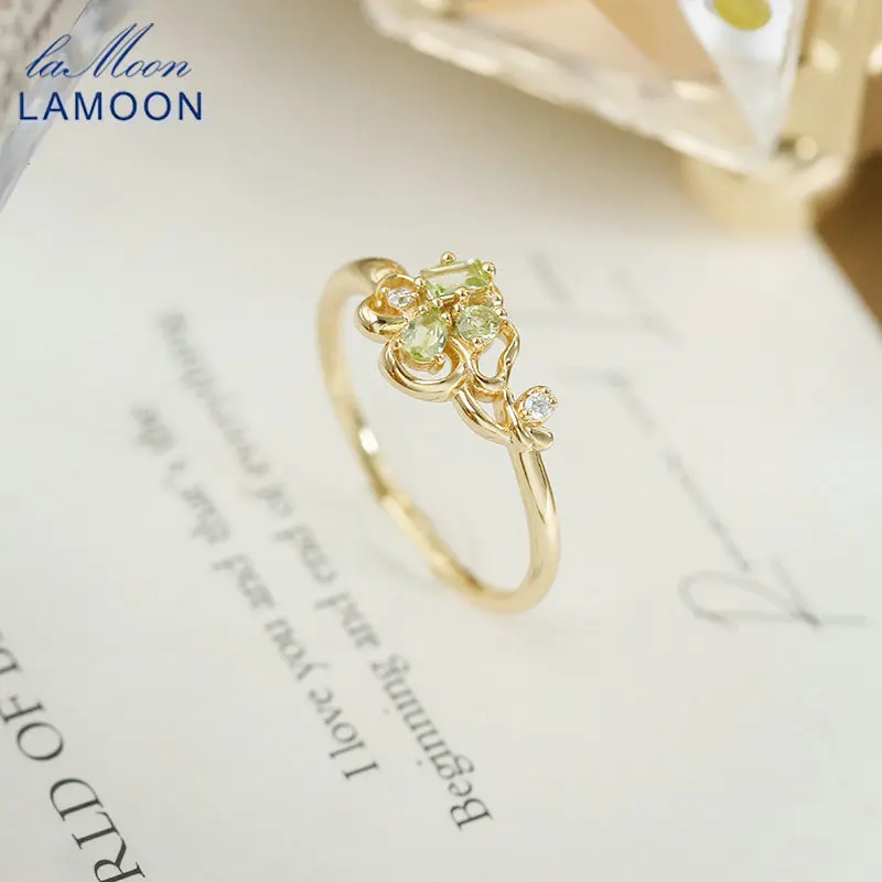 

LAMOON INS Lucky Natural Peridot Gemstone Ring For Women Cute Four Leaf Clover 925 Sterling Silver Gold Plated Fine Jewelry Gift