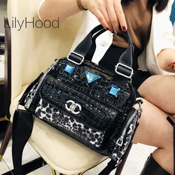 Leather Vintage Leopard Alligator Pattern Rhinestone Handbag 2024 Women Retro Chic Luxury Designer Multi-pockets Shoulder Bag